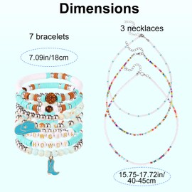 Mikovivi 10pcs Cowgirl Beaded Bracelets Set, Include 7 Stackable Western Beaded Stretch Bracelets with Cowgirl Hat and Boot Charms and 3 Necklaces Y2K Style Boho Summer Beach Jewelry for Female(Blue)