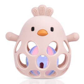 HOTUT Silikon Babyrassel Hühnchen, BPA-frei Spielzeug-Silikon Baby Ball Beißring, Weich Greifball für Babys, Baby Rassel Beißring Spielzeug für Neugeborene Kleinkinder (Hell-Pink)