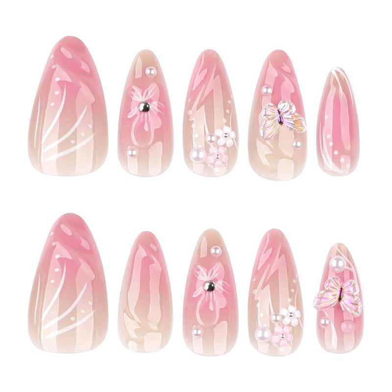 24 Pcs Pink Press on Nails Short Almond Nail Tips,YEFIUO