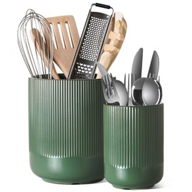 LE TAUCI Utensil Holder, 7.3"+5.4" Ceramic Kitchen Utensil Holder for Countertop, Large Cooking Utensil Crocks for Kitchen Counter, Morden Utensil Organizer for Spatula, Set of 2, Forest Green