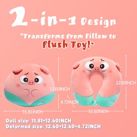 Kids Travel Pillow - 2-in-1 Deformable Kids Neck Pillow with Adorable Animal Design- Pink Pig, Soft U-Shaped Pillow for Traveling, Airplanes, Cars, Comfy Sleep and Play, Relaxing