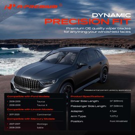 A-Premium Pack of 2 Front Windshield Wiper Blades with Wear Indicator & Towel - Compatible with Ford Taurus 2008-2009 & Lincoln Continental & Mercury Montego, Sable - 24" and 20", TL2, Left and Right