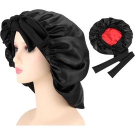 ZUJIACUN Large satin shower cap, double adjustable tie strap to protect curly, natural, braided hair - perfect for evening, gym, yoga (black + red)
