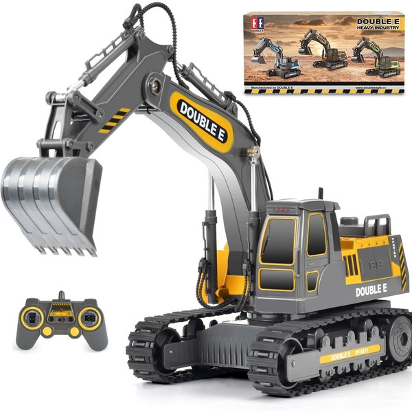 DOUBLE E Remote Control Excavator Toy Construction Toys Tractor Rechargeable Battery RC Vehicles Electric Truck Sandbox Digger Toys for Boys Girls Kids, Gray