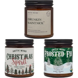Christmas Spirit, Drunken Saint Nick, Frosted Fir 3 Pack Winter Candles | Arctic Wicks Coconut Beeswax Candles | 9oz Amber Jar | Farmhouse Candles Non-Toxic Clean Burn 100% USDA Certified Biobased