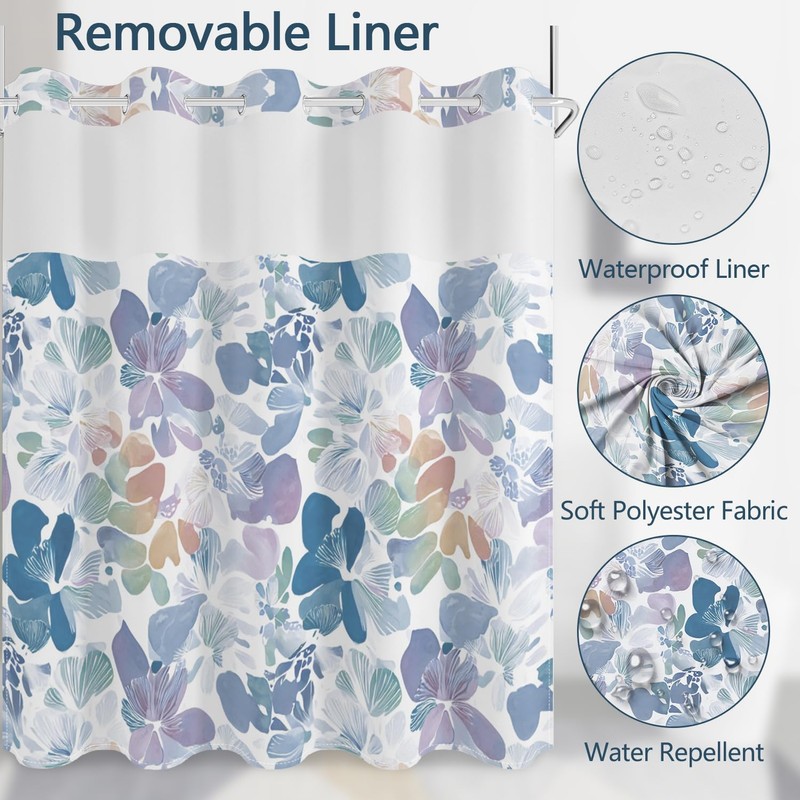 NAEMBCU Boho Floral No Hook Shower Curtain with Snap in