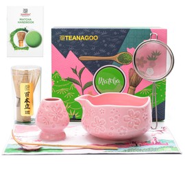 TEANAGOO 7-PCS Pink Matcha Whisk Set with Cherry Blossom Design, Complete Ceremony Kit, Ceramic Chawan Bowl with Spout, Whisk & Accessories, Traditional Matcha Tea Set for Lattes& Gift Giving