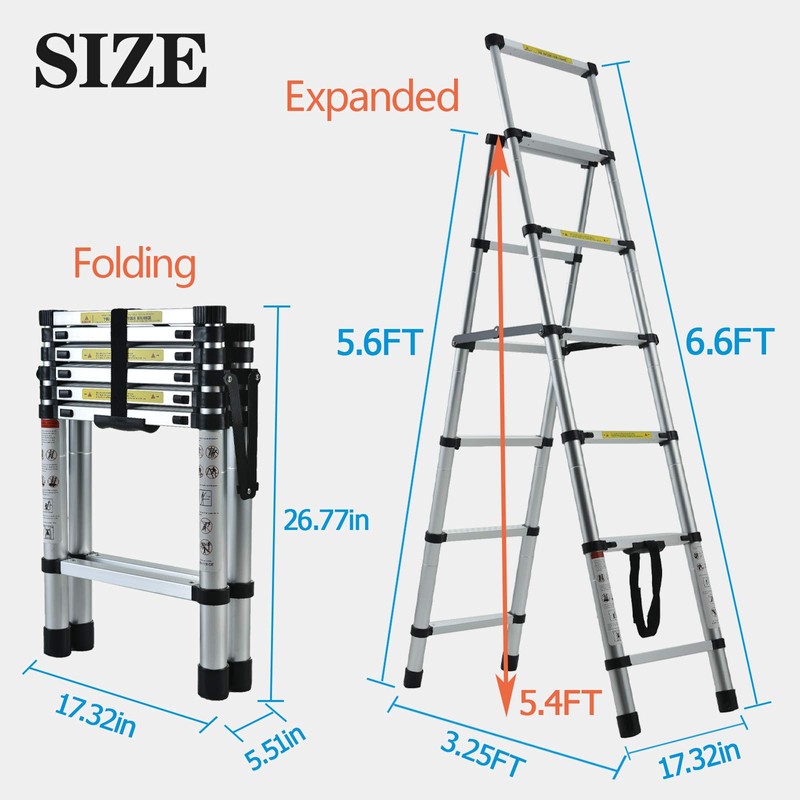Telescopic A-Frame Aluminum Extension Ladder 1.7M + 2M Adjustable Folding