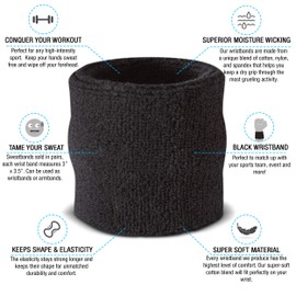 Suddora Wrist Sweatbands - Athletic Cotton Terry Cloth Wrist Bands for Basketball, Tennis, Football, Baseball (Pair) (Black)