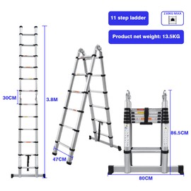 12.5FT Aluminum Telescoping Ladder with Non-Slip Feet and Stabilizer Bar, One Button Retraction Portable Collapsible Ladder A-Frame Multi-Purpose Ladder for Household and Outdoor, Max Load 330lbs