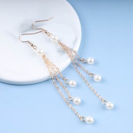 Yheakne Vintage Pearl Drop Earrings Gold Pearl Tassel Earrings Long Pearl Chain Earrings Boho Pearl Earrings Jewelry for Women and Girls
