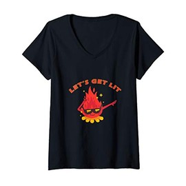 Womens Let's Get Lit Funny Campfire Camping Camp Fire Starter Kids V-Neck T-Shirt