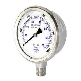 PIC Gauges 301D-204R Bottom Mount Dry Pressure Gauge w/ SS Case/Internals/Bezel, PC Lens, 2" Dial, 0/5000 psi Range, 1/4" Male NPT