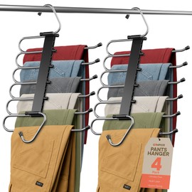 Black Space Saving Pants Hangers 4 Pack, 6 Layer Jeans Hangers and Closet Organizer for Jeans, Scarves, Skirts, Multi-Layer Hanger with Anti-Slip Coating & Stopper, Heavy-Duty S-Type Stainless Steel