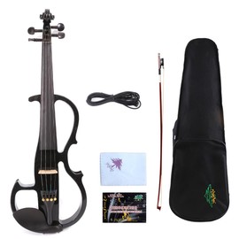 Yinfente 16inch Silent Electric Viola Solid Wood 4 String With Ebony Fittings&Hard Case& Brazilwood Bow&AUX Cable&Cleaning Cloth Black