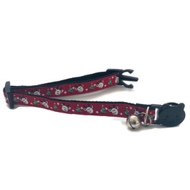 Christmas Cat Collars with Bell. Quick Safety Release Breakaway Buckle. Handmade in the UK. Available in Cat & Kitten Size - Maroon Red with Reindeer Faces