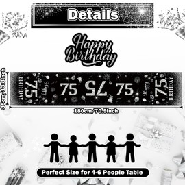 75th Birthday Table Runner Black Silver Happy 75th Birthday Table Runner for 75 Years Old Men Women Him Her Celebrate Birthday Party Decorations Non-Slip Dining Table Linen Cloth Decor, 72 Inches Long