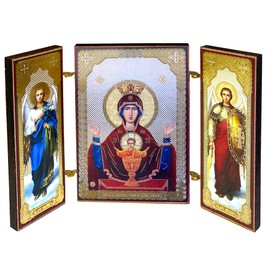 Needzo Virgin Mary and Christ Russian Icon Chalice Bowl Inexhaustible Cup Triptych With Archangels Saint Gabriel and Michael 3 3/8 Inch, Religious Gift