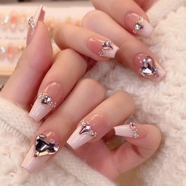 Pure Handmade Nails Press on Nail Reusable Fake Nails Pink RhineStones Bling Bling Medium Stick on Nails French Tip False Nails 10pcs (XS, Q301 NAILS)