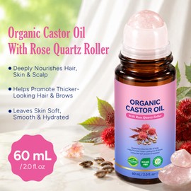Organic Castor Oil with Rose Quartz Roller, Castor Oil Organic Cold Pressed, Hexane-Free, Moisturizing Oil For Hair/Skin/Scalp/Face/Eyelashes/Eyebrows/Body for All Skin, 60mL/2.0 fl.oz