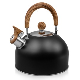 Whistling Kettle for Stove Top 2.5L Stainless Steel Teapot with Wood Folding Handle Stovetop Camping Kettle for Boiling Water Coffee Tea Milk (Black)