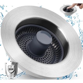 Universal Kitchen Sink Drain Strainer, 3 in 1 Stainless Steel Pop Up Kitchen Sink Stopper Strainer Combo with Handle Rod for US Standard 3-1/2 inch Drain Filter, Anti-Clog