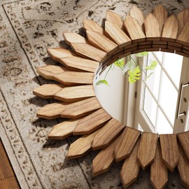 VETROVUE 20 Inch Brown Boho Wall Decor Sunburst Mirror - Round Wooden Wall Decor, Handmade Rustic Circular Mirror for Living Room, Bedroom, Entryway, Office