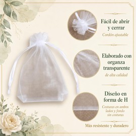 Bolsas de Organza 100 Piezas, Bolsitas de Tela con Cordón 10 x 15 cm, Bolsas Transparentes para Joyería, Dulces, Recuerdos, Regalos, Bodas y Fiestas, Color Blanco