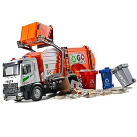 NOVAFUSION Front Loader Arm Toy Garbage Truck with Auto Lift Function,Diecast Garbage Truck Metal Cab,Friction Powered Garbage Truck Toy with Lights and Sounds,Garbage Trucks for Boys Age 4-7（Orange）