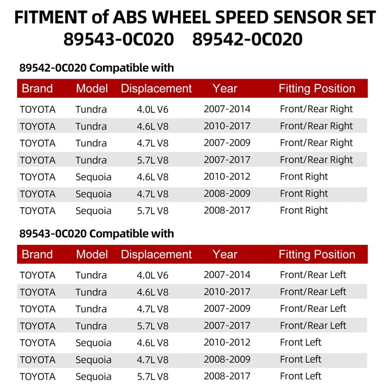Set of 4 ABS Wheel Speed Sensor Compatible with Toyota