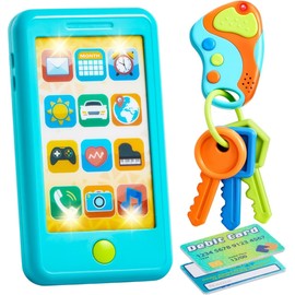 Pretend Toddler Play Phone, Learning Toy Phone Set,Keyfob Key Toy and Credit Cards Set, Kids Cellphone, Girls Boys Birthday Gifts for 1 2 3 Year Old,Baby Blue, Kids Presents, Easter Basket Stuffers
