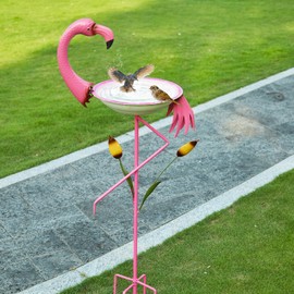 MNRYLKB 12.2”D * 45.3”H Flamingo Bird Bath, Metal Bird Baths for Outdoor, Bird Feeder with 5 Prongs Stake for Outside Garden Yard Decor