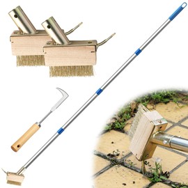 Moss Remover Brush Crack Weeder Tool Stainless Steel Crevice Weeder with 2 Brush Heads - Long Handle Weed Puller for Deck, Patio, Walkway, Driveway Crevice Cleaning Tool (Moss Remover Tool-2)