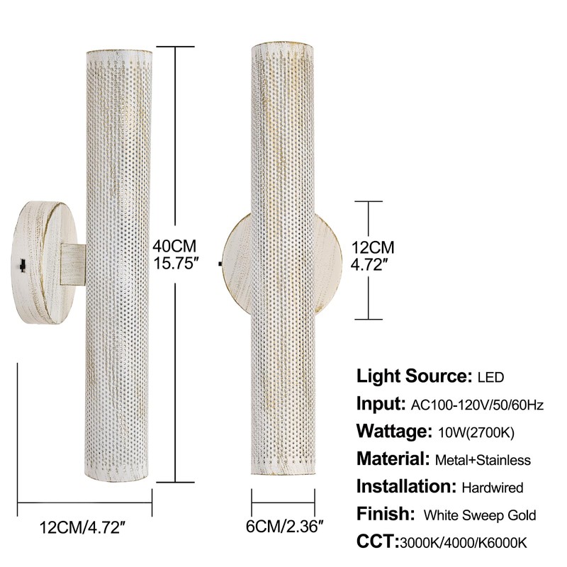 Hardwired Vintage Wall Sconce Set of Two, 3CCT Dimmable White