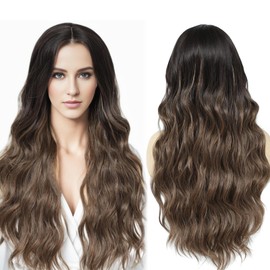 Yamel Long Wig Balayage Synthetic Natural Hair Wig Highlight Brown mix Blonde 26 Inch Adjustable Curly Wavy Middle Part Lace Front Wigs for Women