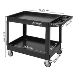 GarveeTech Utility Service Cart 2 Shelf 500 Lbs, 2 Tier Heavy Duty Rolling Tool Cart On Wheels for Warehouse, Garage, Cleaning, Jobsite, Manufacturing, Maintenance, 45"×25" Black