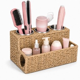 Hair Tool Organizer Countertop with 3 Stainless Steel Cups, Woven Wicker Hair Dryer Holder for Curling Iron, Flat Iron, Brush Comb, Bathroom Vanity Storage Basket