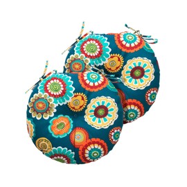Magpie Fabrics Outdoor Round Bistro Seat Cushions with Ties, 15"x15"x4" Set of 2, Tufted Waterproof Barstool Chair Pads for Patio Home Garden Office, Floral Green