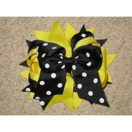 "Handmade" NEW "BLACK & YELLOW DOT" Double Layer Hair Bows Clips Girls Ribbon Bow 5 Inches