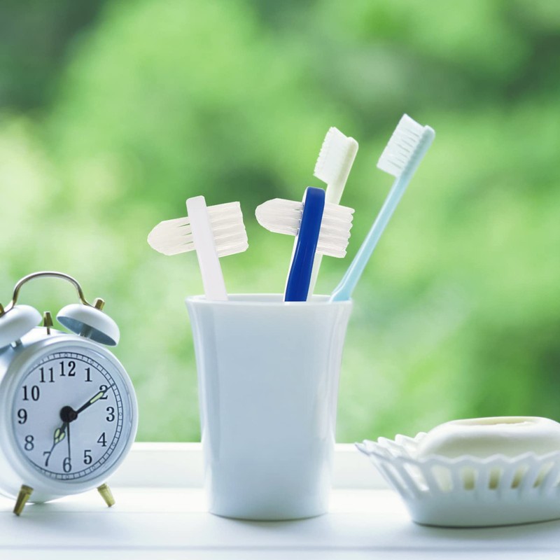 SUPVOX 2PCS False Teeth Brushes Two-Side t-Shape Denture Toothbrush (White+Blue)