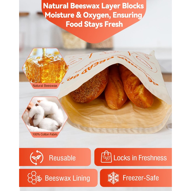 Beeswax Bread Bags Reusable for Homemade Sourdough - Large Cotton