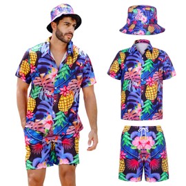 SERTAS Mens Hawaiian Shirt and Shorts Hat Set,Hawaiian Shirts for Men,Summer Hawaiian Shirt Shiteshirts,Shiteshirts for Indoor Outdoor Beach Seaside Holiday Size S-3XL (Purple, L)