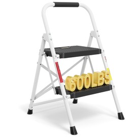 BONTEC 2-Step Ladder, Folding Step Stool, 600lbs Max Load Capacity, Sturdy Steel, Non-Slip Pedals, Lightweight, Portable Steel Ladder with Convenient Handrail, Safety Design for Home & Work, White