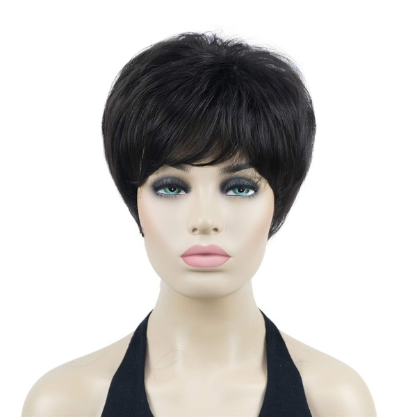Lydell 8 Inch Short Straight Ladies Wig Multilayer Natural Heat Resistant Synthetic Wig (Dark Brown)