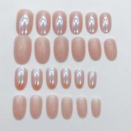 RUPOFUZA Almond Press on Nails Short Round Fake Nails Chrome Gloss False Nails with Glitte Powder Designs Acrylic Nails Press on Artificial Nails Stick on Nails for Women 24Pcs