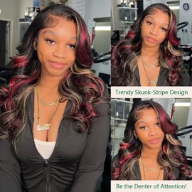 Aolvoblees Red Blonde Black Skunk Stripe Human Hair Wig Highlight Burgundy Ombre 250% Density 13X4 Body Wave HD Lace Front Frontal Colored Wigs Human Hair Pre Plucked for Black Women 30 Inch