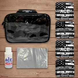 CornholeAce Cluster Flux | ACE Pro Bag Kit: 4 Pro Bags + Break-in Kit + Carry Case | Professional Cornhole Bags Dual Sided Slick Stick All Weather | USA Flag Bricks (Black & White)