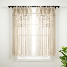 Lush Decor Boho Macrame Textured Cotton Window Curtain Panel, Single Panel, 40" W x 63" L, Neutral - Doorway Room Divider - Wedding Or Wall Decor - Boho Macrame Curtain