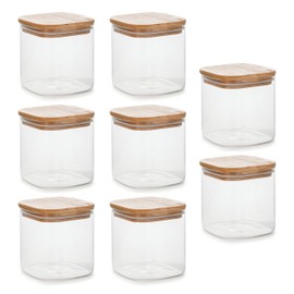 JS Gourmet 18.6oz Square Borosilicate Glass Canister With Bamboo Lid, Airtight Pantry Storage Jar Containers Ideal for Rice, Candy, Sugar, Flour, Nuts, Cookies and Coffee Beans (8 Pack)