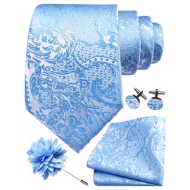 GUSLESON Sky Blue Tie Set for Men Silk Paisley Necktie Pocket Square Cufflinks and Lapel Pin Brooch Set for Wedding (6114-12)
